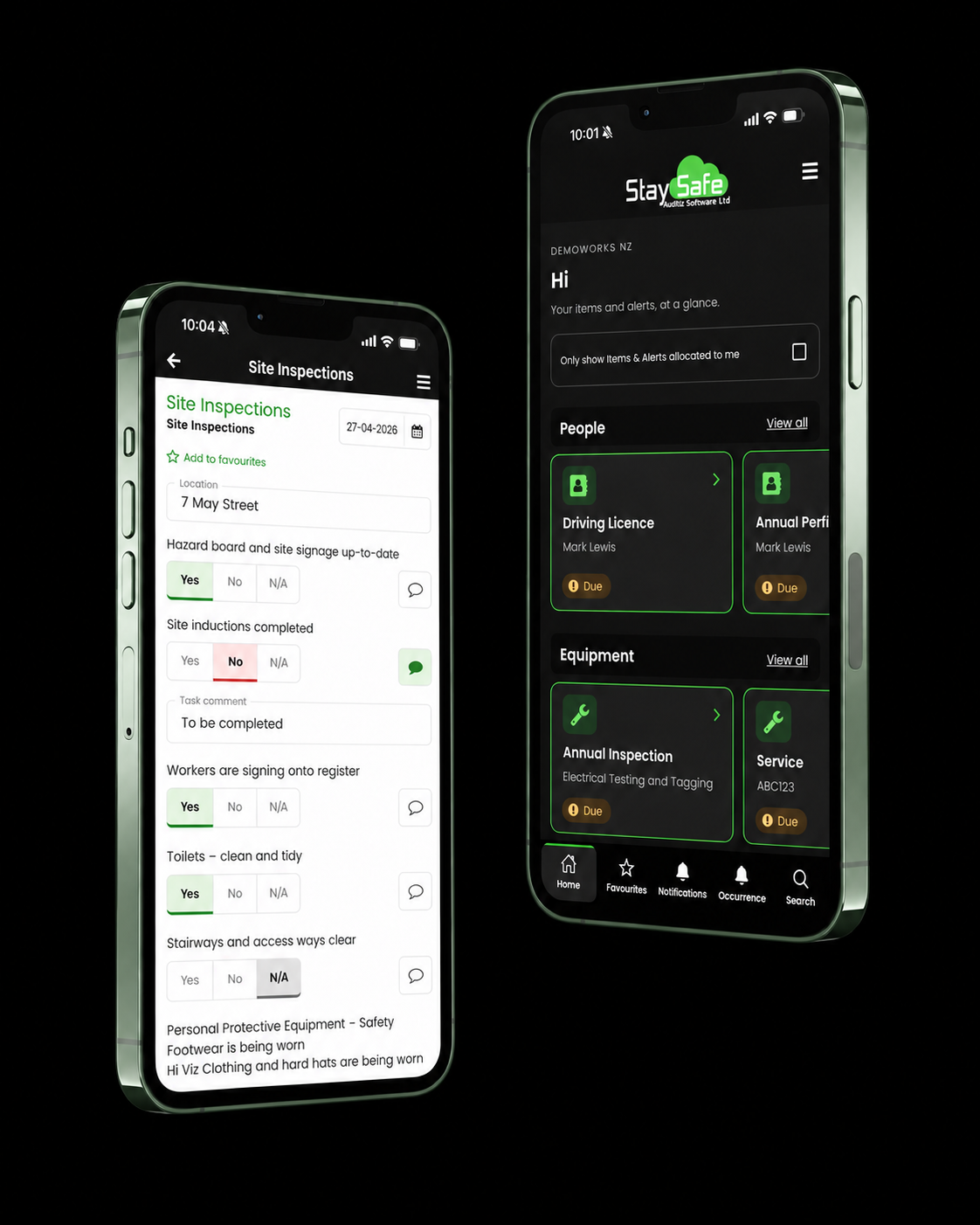 Auditz mobile app showing a light site inspection checklist and dark dashboard