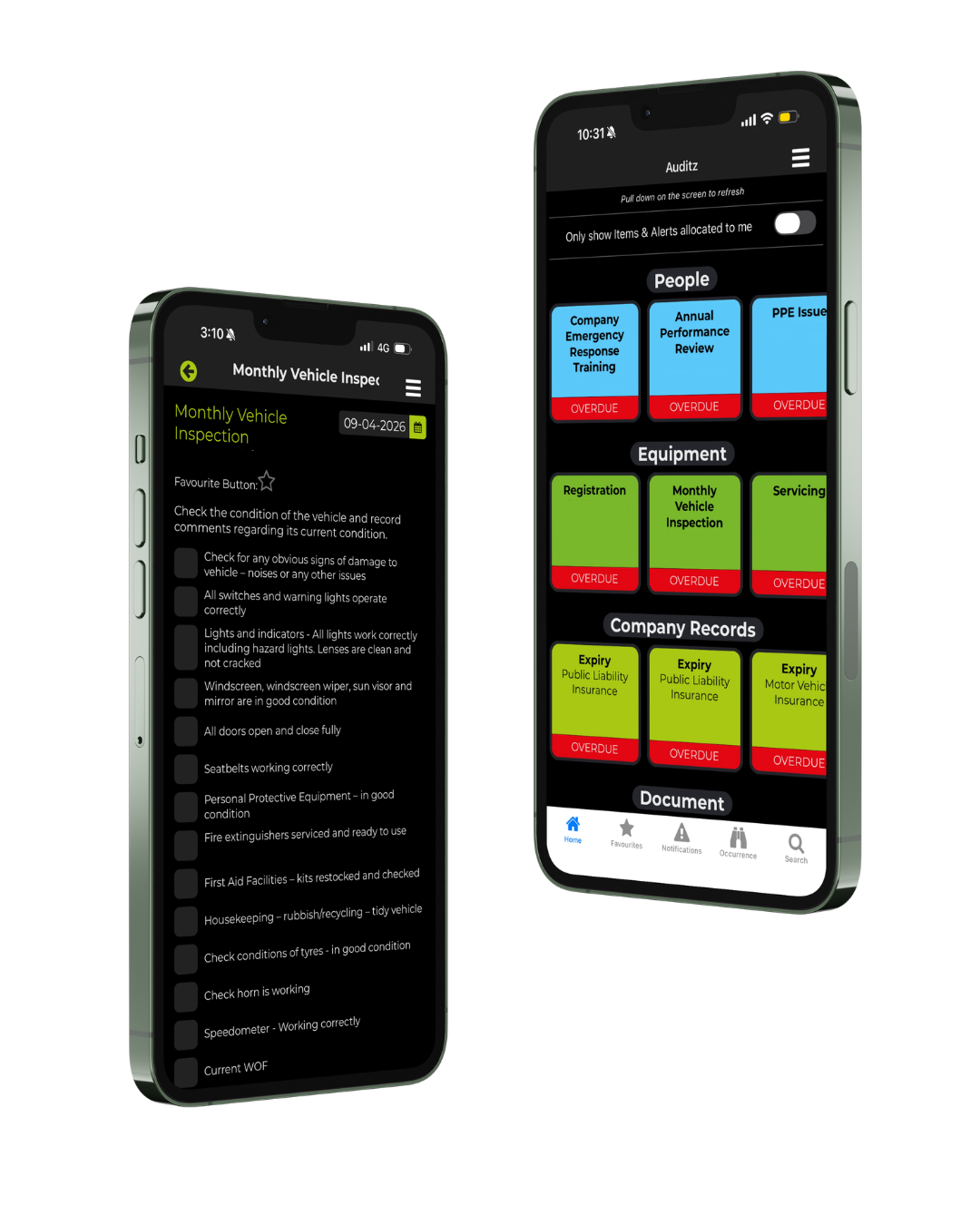 Auditz mobile app showing a vehicle inspection checklist and safety records