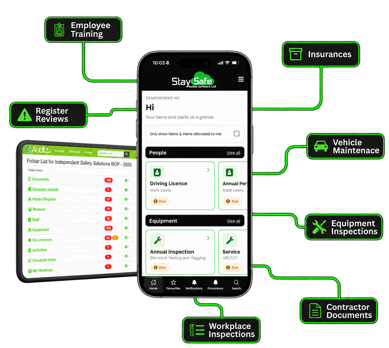 Auditz light mobile dashboard on a phone beside a tablet, with training, insurance, maintenance and inspection features.
